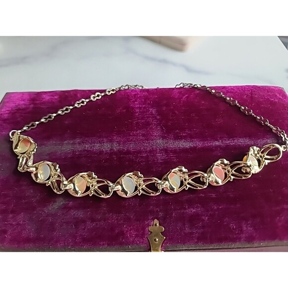 Mother of Pearl Disc Floral Enamel Adjustable Choker Necklace Vintage, READ - Picture 6 of 10